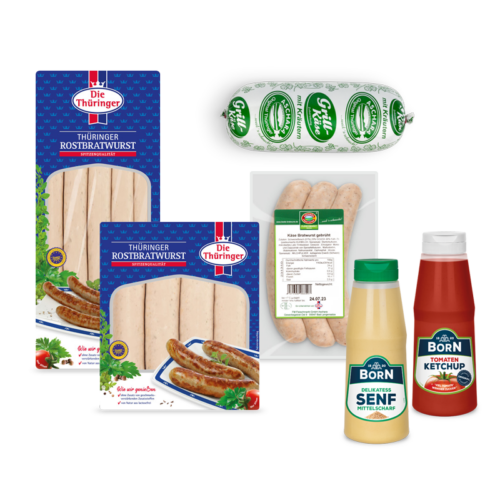 Die Thüringer - Grillpaket bestehend aus Rostbratwurst, Grillkäse, gebrühte Käse-Bratwurst, BORN-Delikatess-Senf & BORN Tomaten-Ketchup